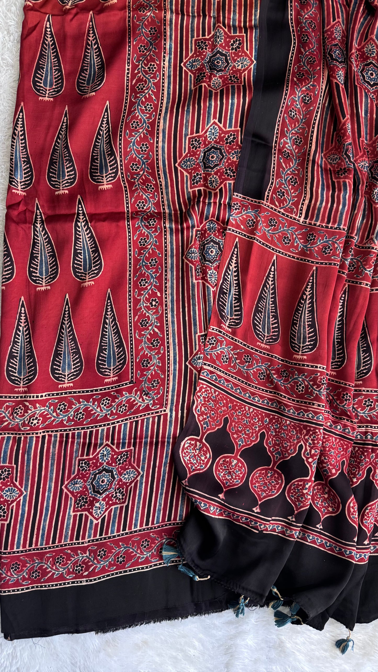 Deep Red Asopallav Pati Buta Modal Silk Ajrakh Natural Dyed Hand Block Print 2pc Suit Material Set