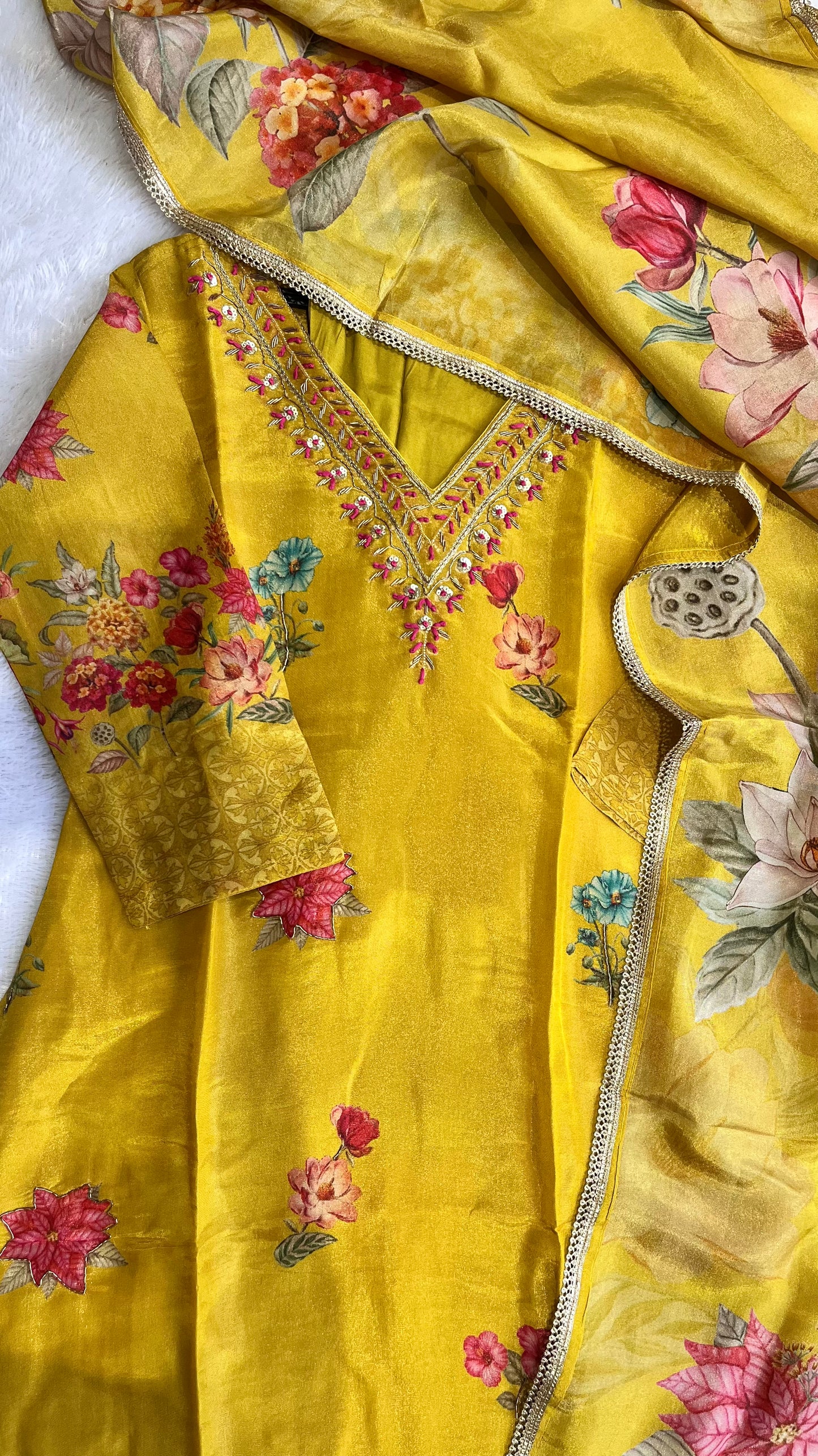 Yellow Toned Floral Motif Pure Tissue Shimmer Suit Set with Shimmer Dupatta