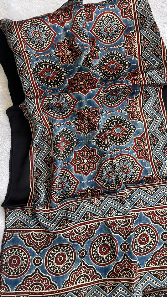 Blue and Black Badaam Buti Motif Ajrakh Hand Block Print Modal Silk Stole with Tassels