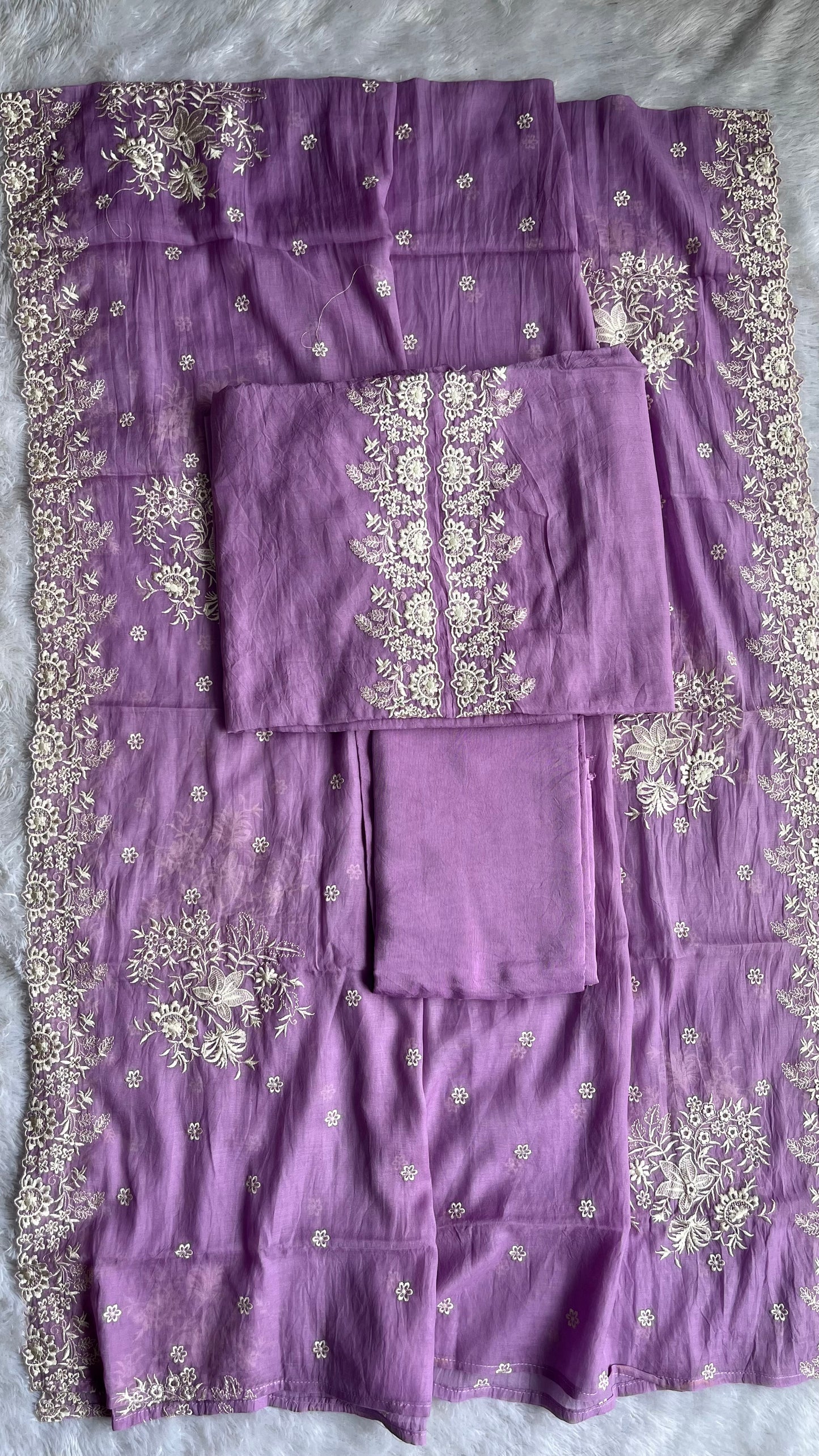 Lavender Pure Mul Chanderi 3 pc Suit Set with Embroidery on Yoke and Heavy Embroidered Dupatta