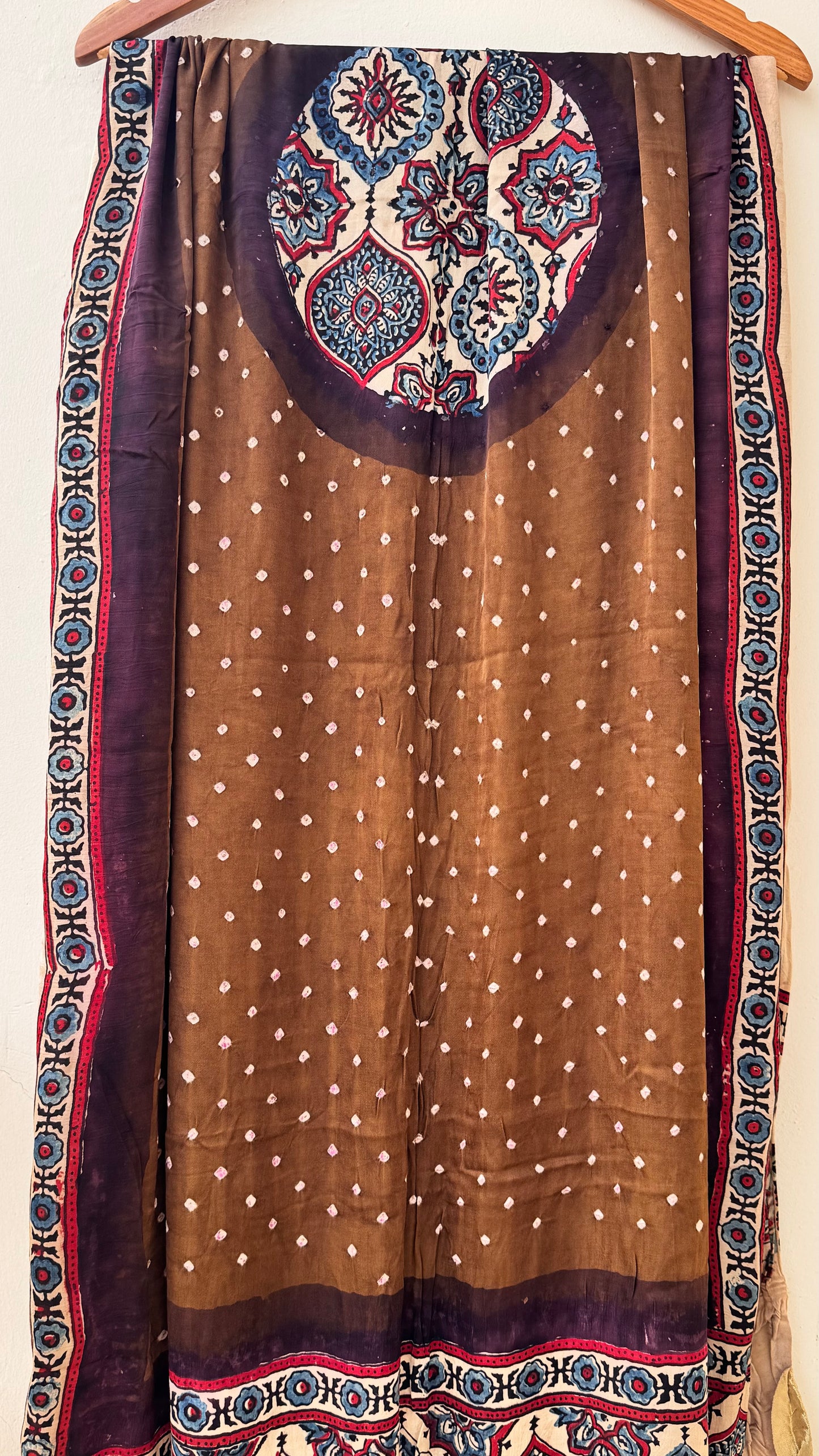Rasin Brown Multi Dotted Modal Silk Bandhani Ajrakh Lagdi Patti Dupatta