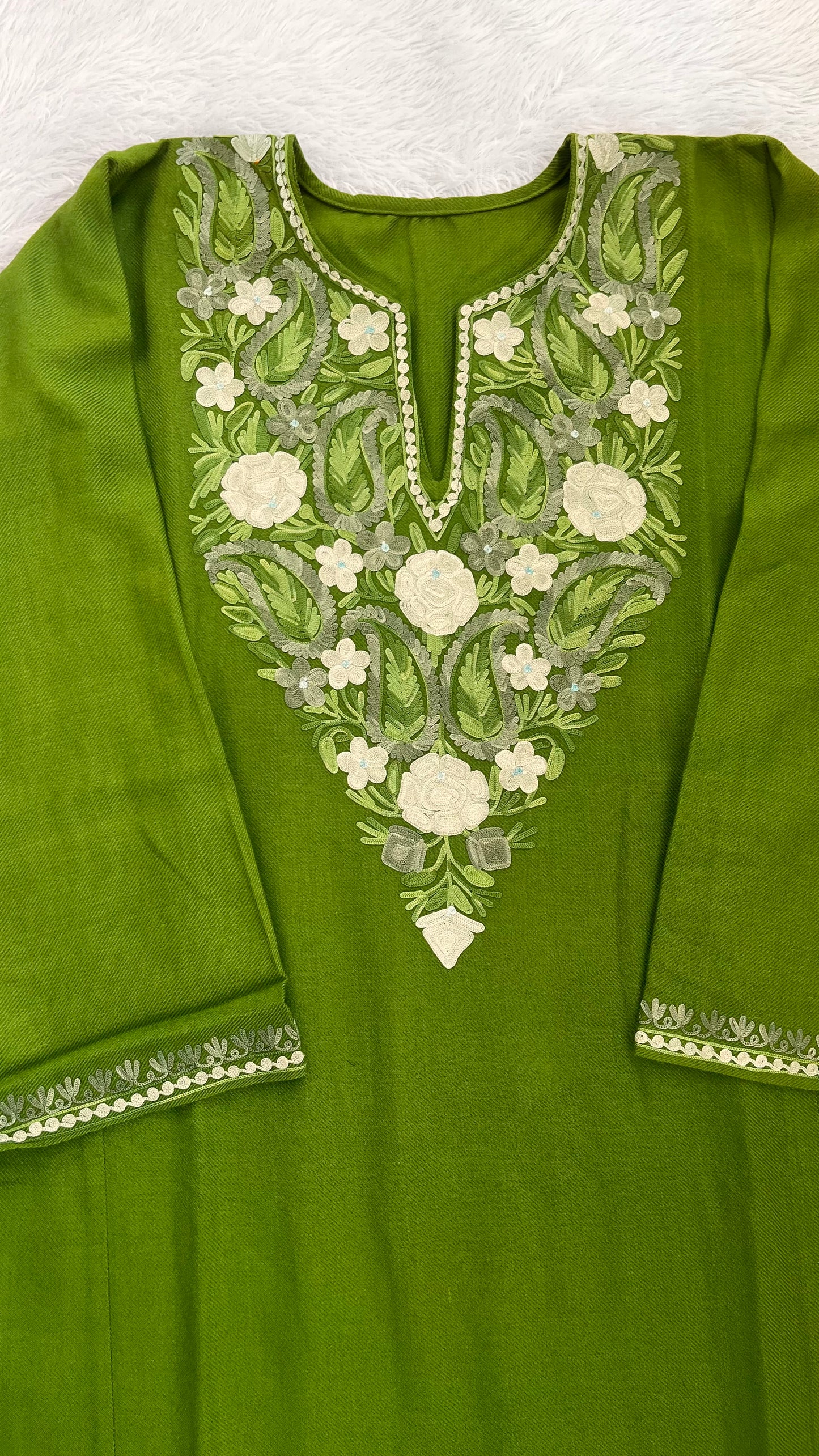 Forest Green with Matching Shade Kashmiri Aari Work Full Embroidered Pheran with Pockets