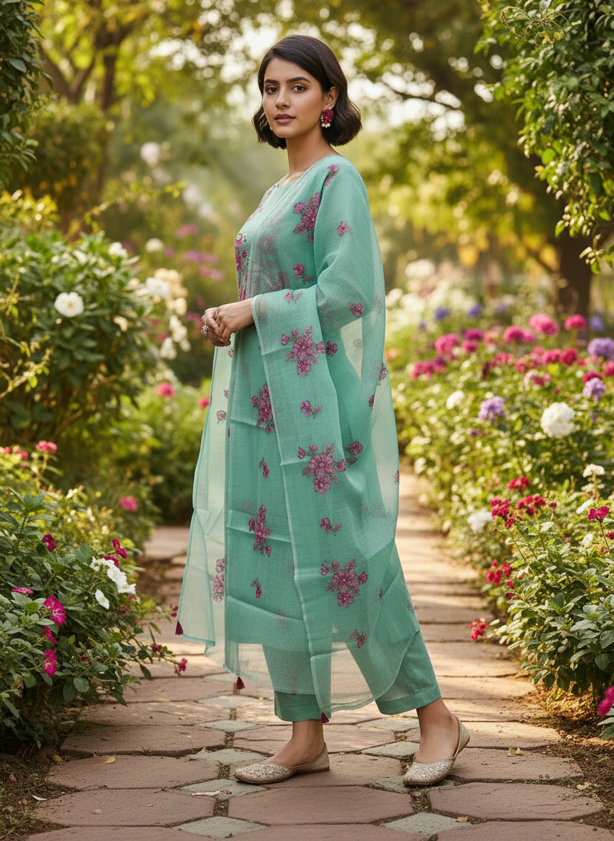 Mint Green Kota-Doria 3 Piece Suit Set with Cross Stitch Embroidery Bird Motif and Kota Doria Dupatta