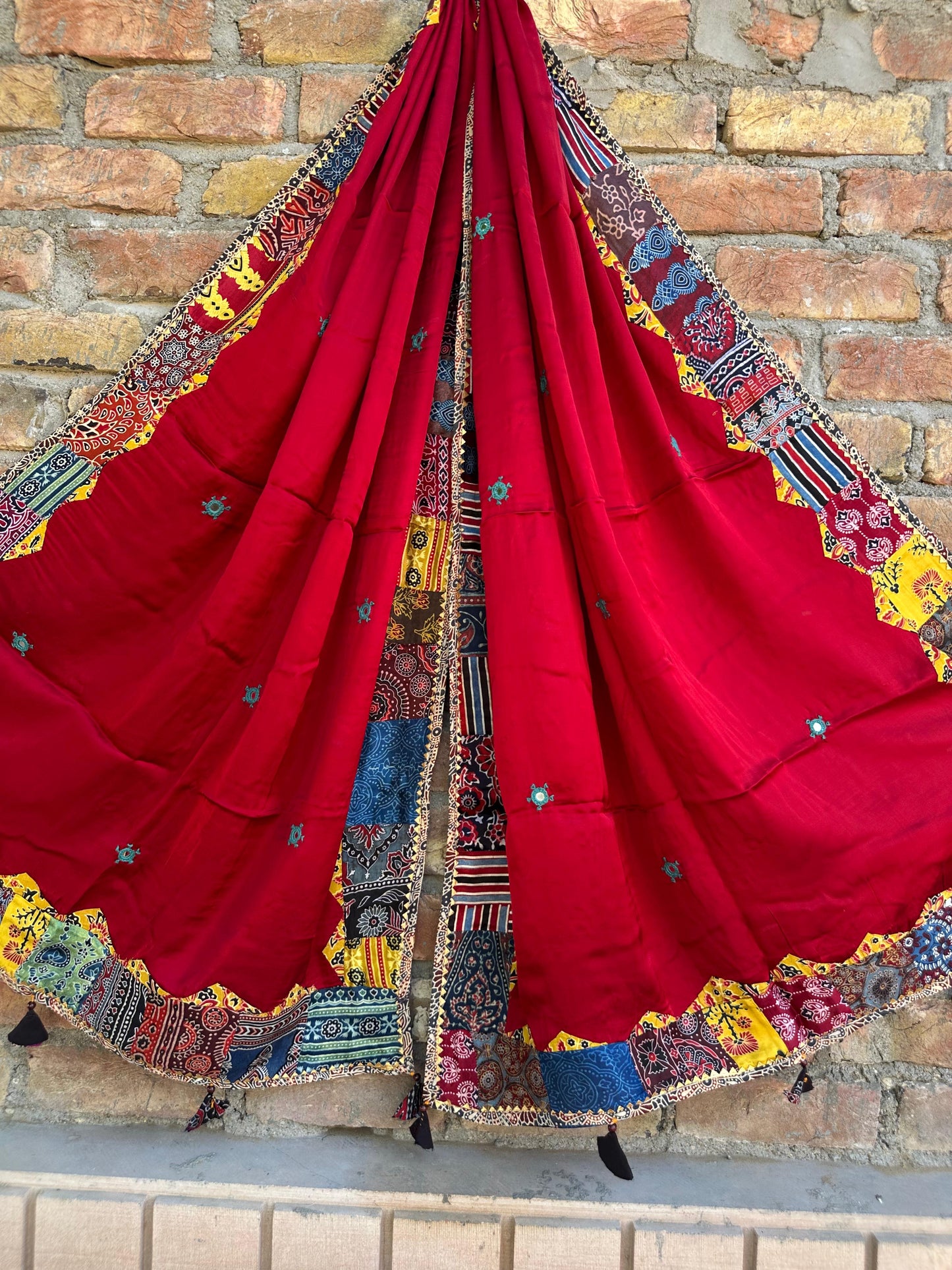 Maroon Multocoloured Ajrakh Applique Patchwork Modal Silk Dupatta with Tassels