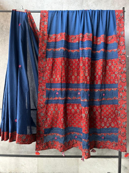 Blue and Red Pure Cotton Saree with Ajrakh Applique Patchwork and Tassels