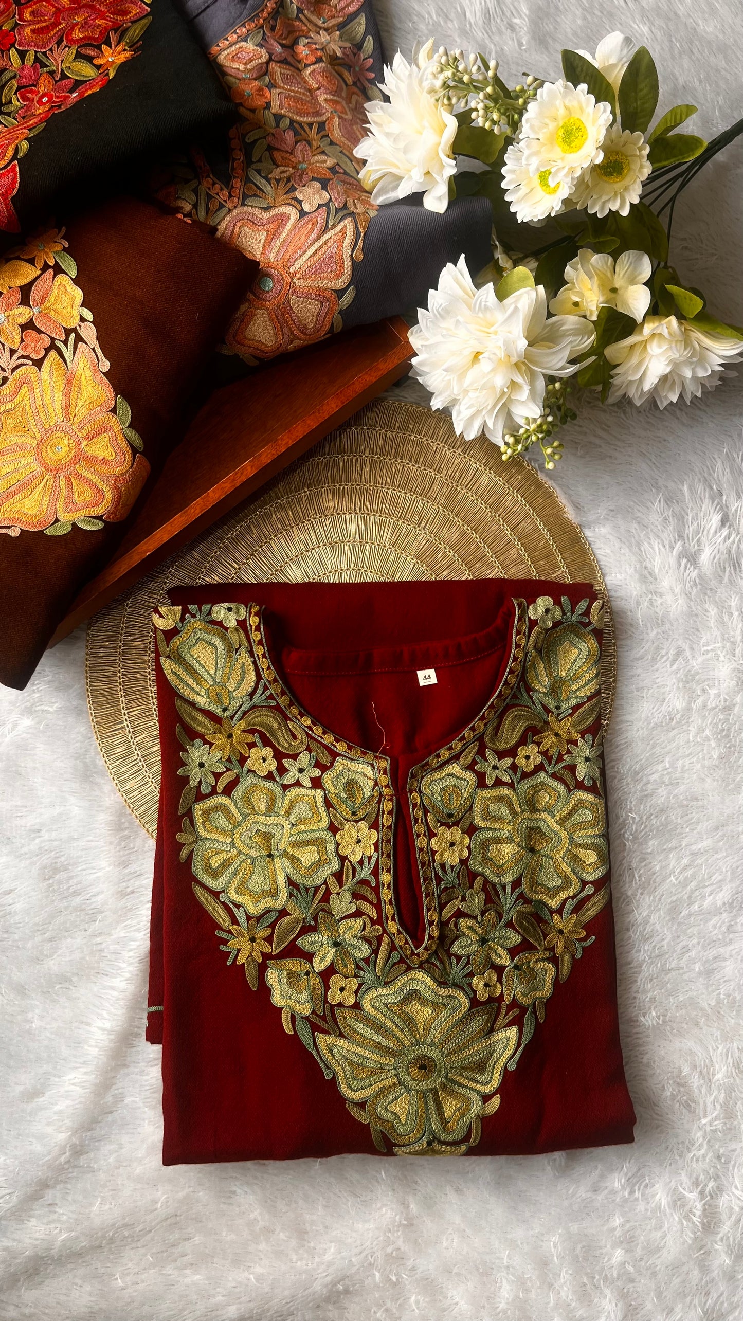 Maroon Shade Aari Hand Embroidered Pure Marino Wool Pheran with Pockets