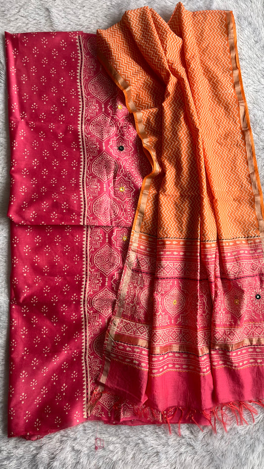 Candy Pink and Orange Chanderi Silk 2pc Suit Set with Mirror-work and Kantha Work Dupatta
