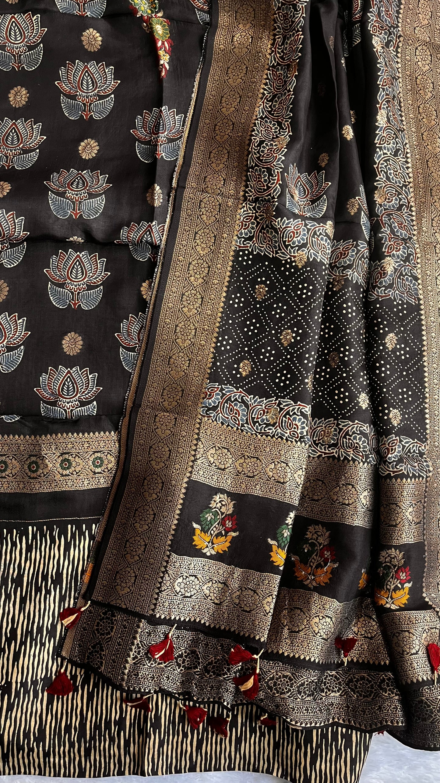 Regal Black Butterfly Boota Pure Dola Silk Ajrakh Hand Block Print 2pc Suit Material Set with Menakari Yoke and Nakkashi Dupatta
