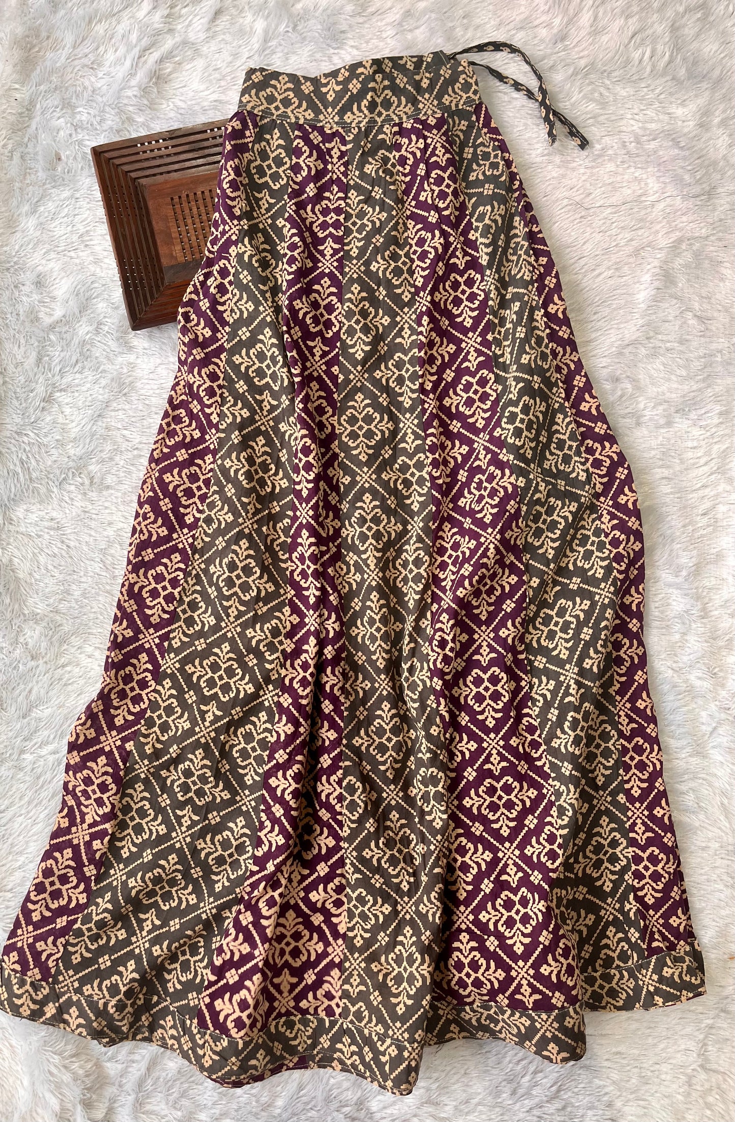 Purple and Green Geometric Jaal Motif Ajrakh Pure Cotton Long Flared Skirt