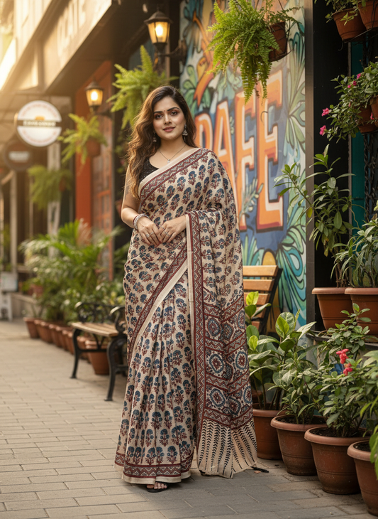 Off White Mugal Motif Ajrakh Hand Block Natural Dye Modal Silk Saree With Blouse