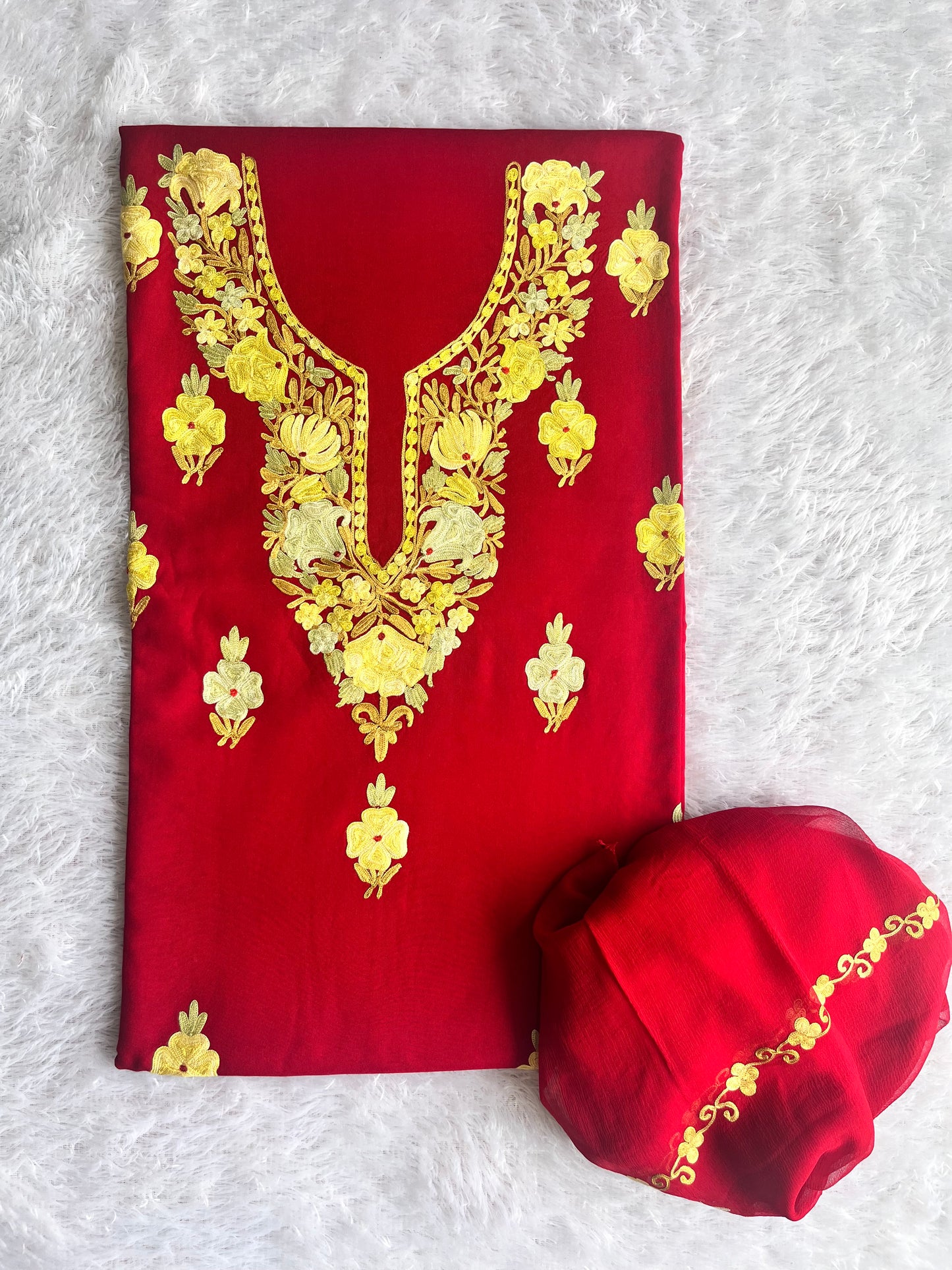 Ravishing Red and Yellow Matching Work Muslin Cotton Kashmiri Aari Full Embroidered 3pc Suit Set