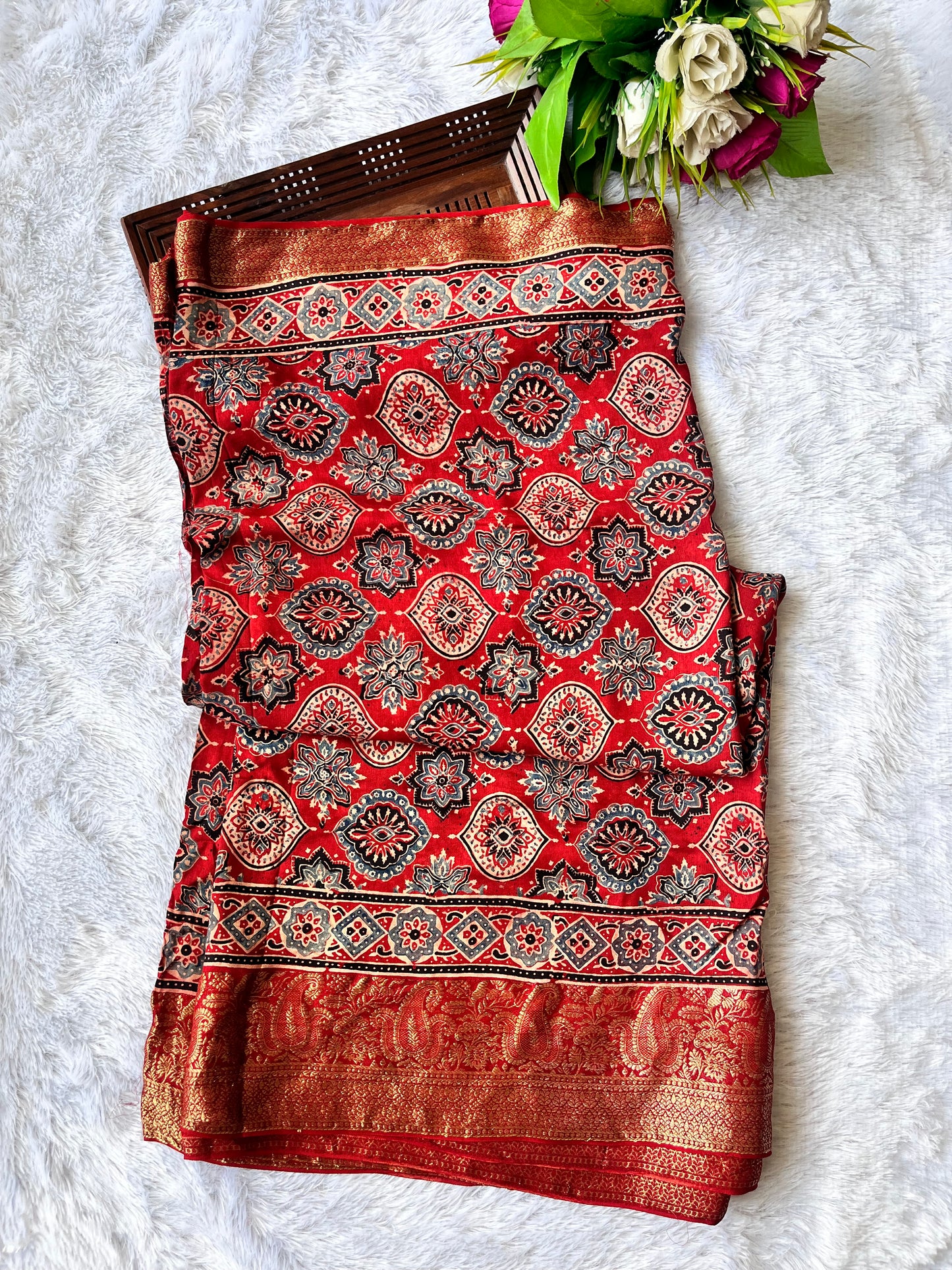 Red Badaam Buti Ajrakh Hand Block Dola Silk Zari Pallu Saree With Blouse