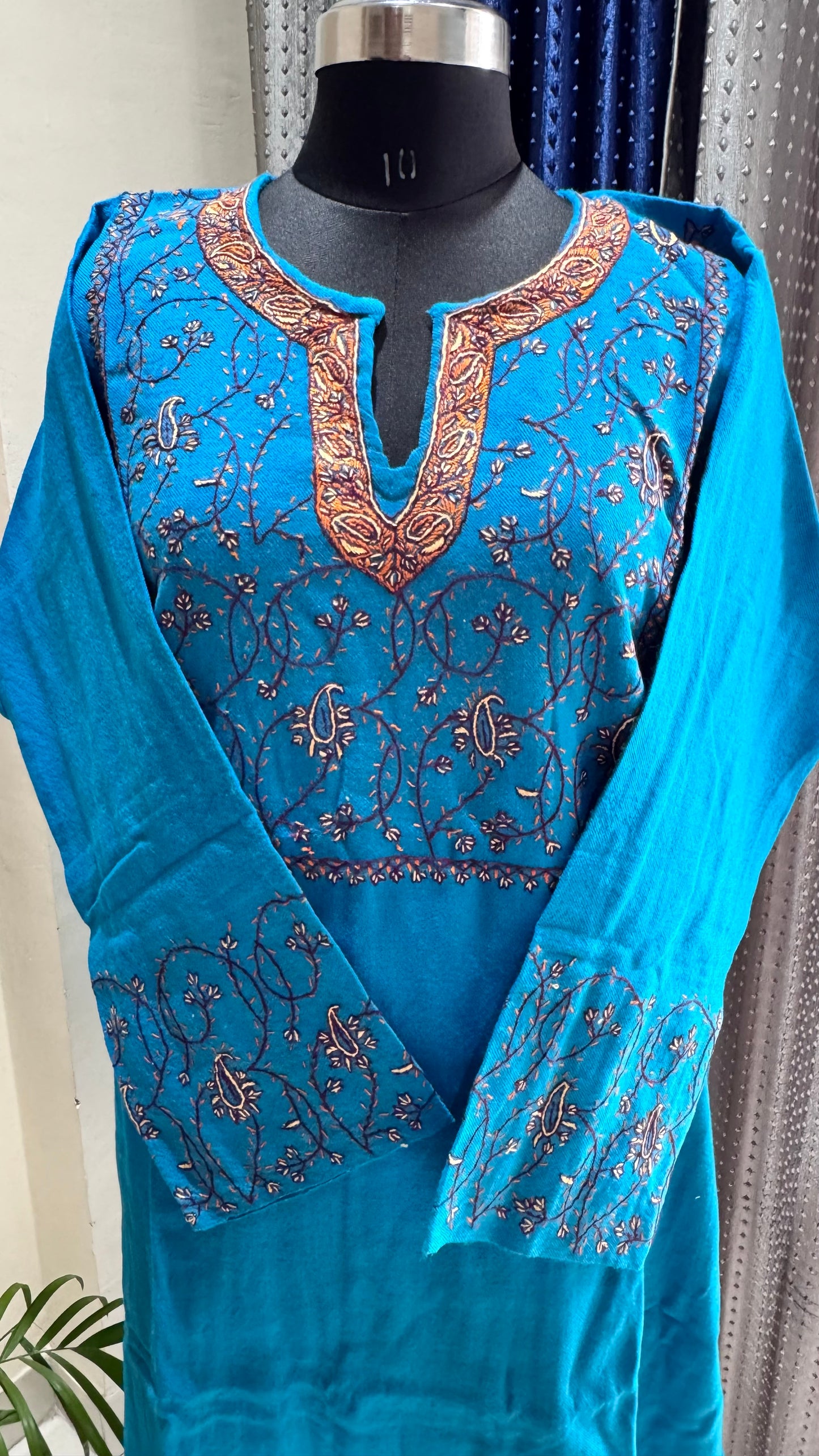Firozi Shade Sozni Hand Embroidered Pure Marino Wool Kashmiri Pheran with Pockets and Hand Embroidered Sleeves (Size 56”)