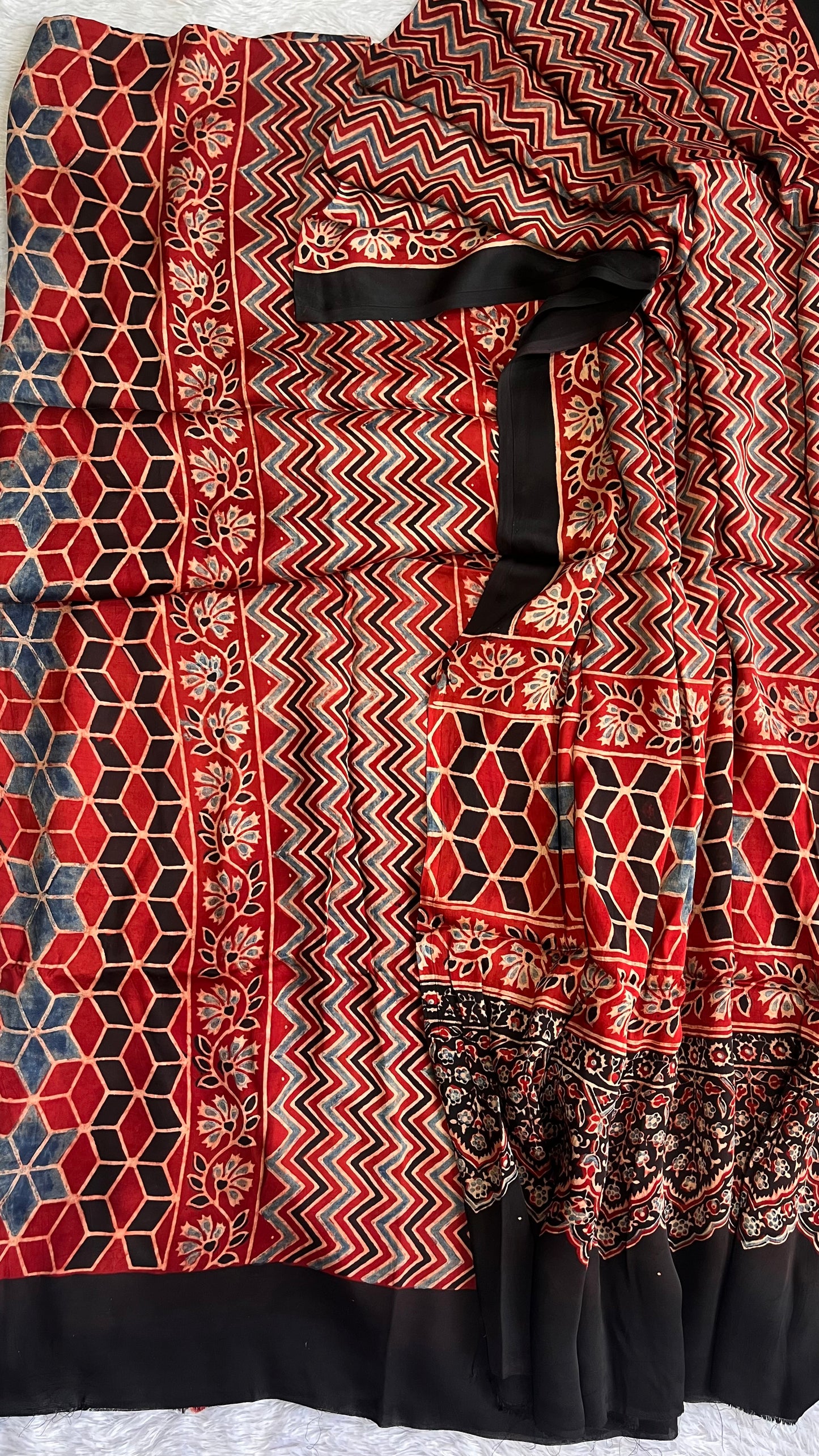 Red Grid Motif Ajrakh Hand Block Modal Silk 2 pc Suit Material Set