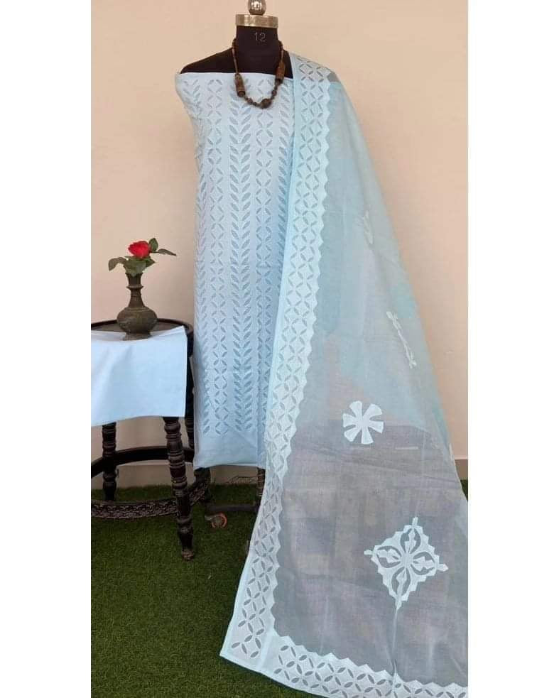 Aqua Blue Barmer Applique Cut Work Cotton 3pc Suit Material Set