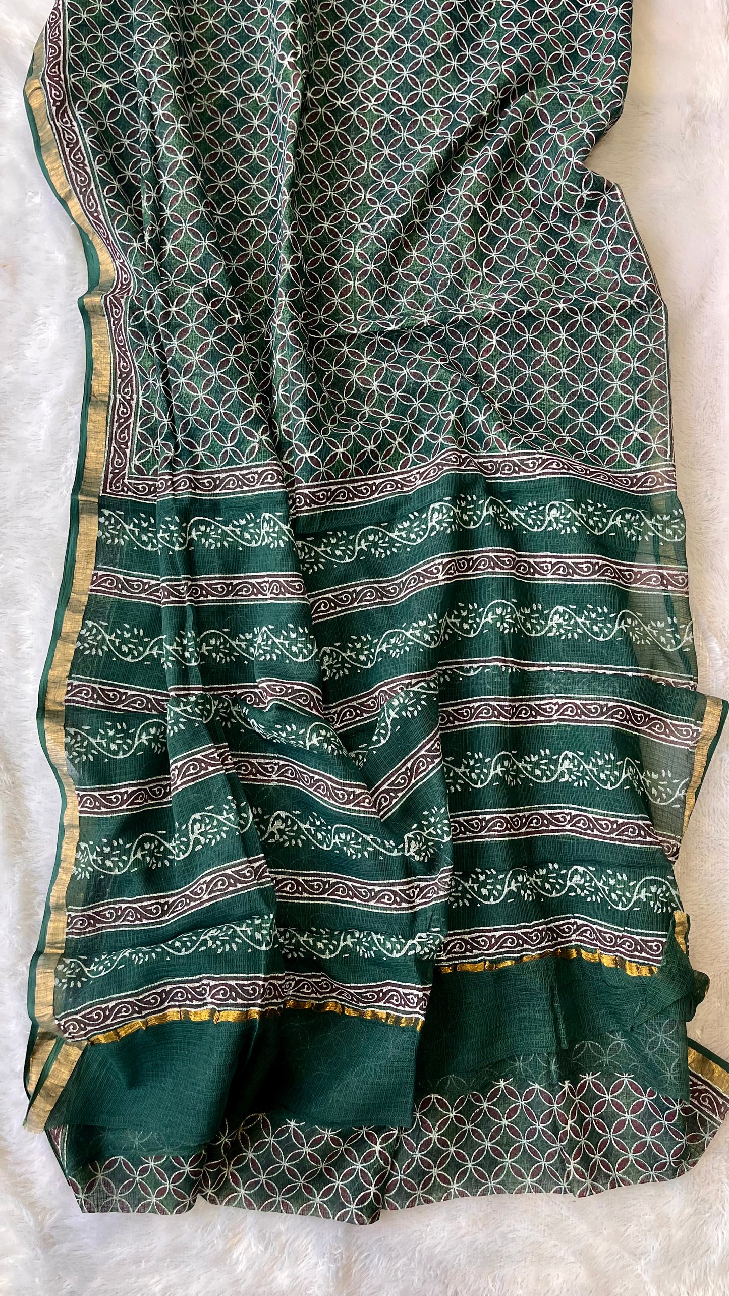 Green Grid Motif Akola Handblock Printed Kota Saree with Zari Border