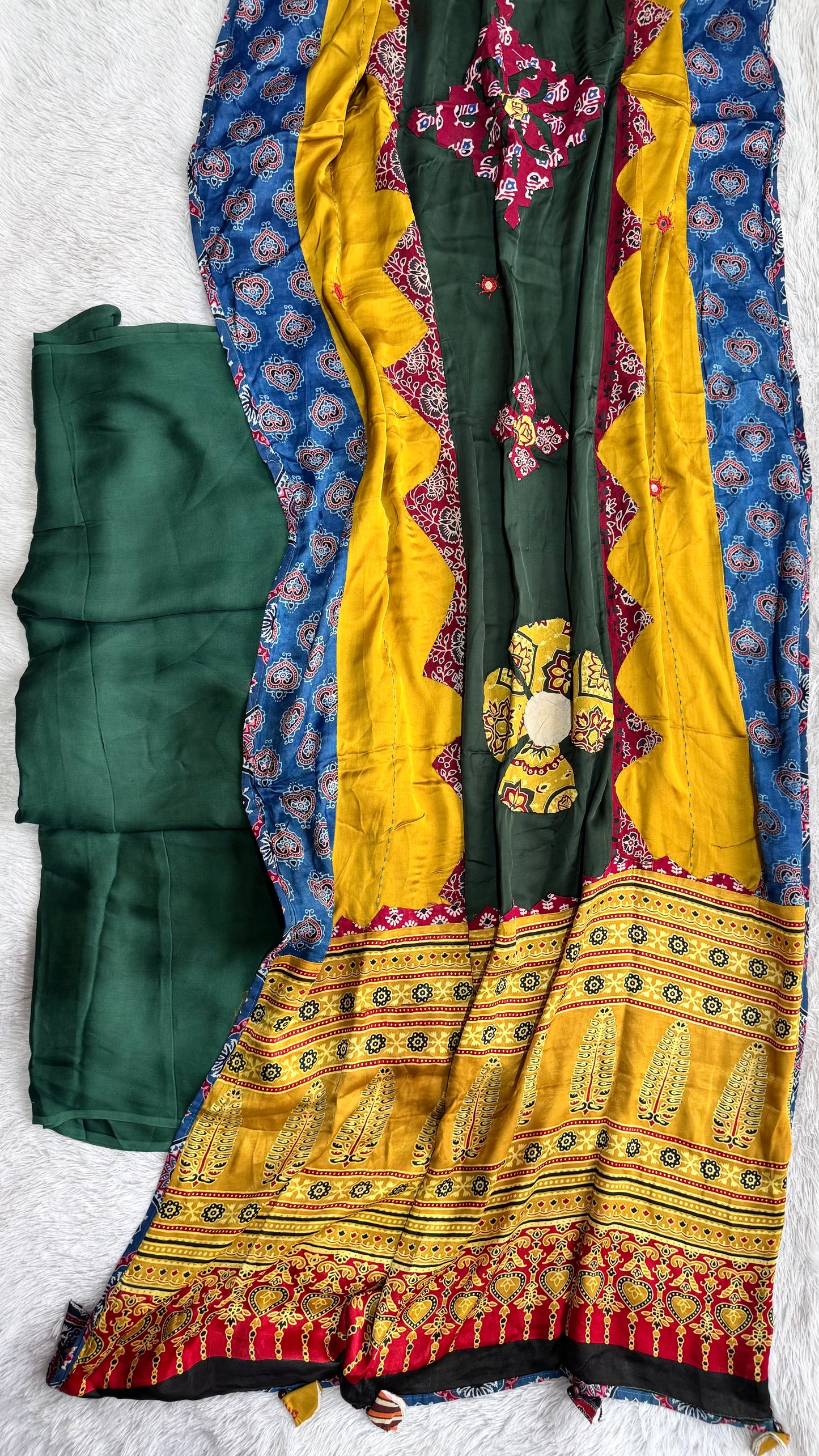 Green Solid Shade Modal Silk 2pc Suit Material Set with Ajrakh Modal Silk Dupatta with Applique and Mirror Work