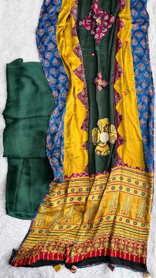 Green Solid Shade Modal Silk 2pc Suit Material Set with Ajrakh Modal Silk Dupatta with Applique and Mirror Work
