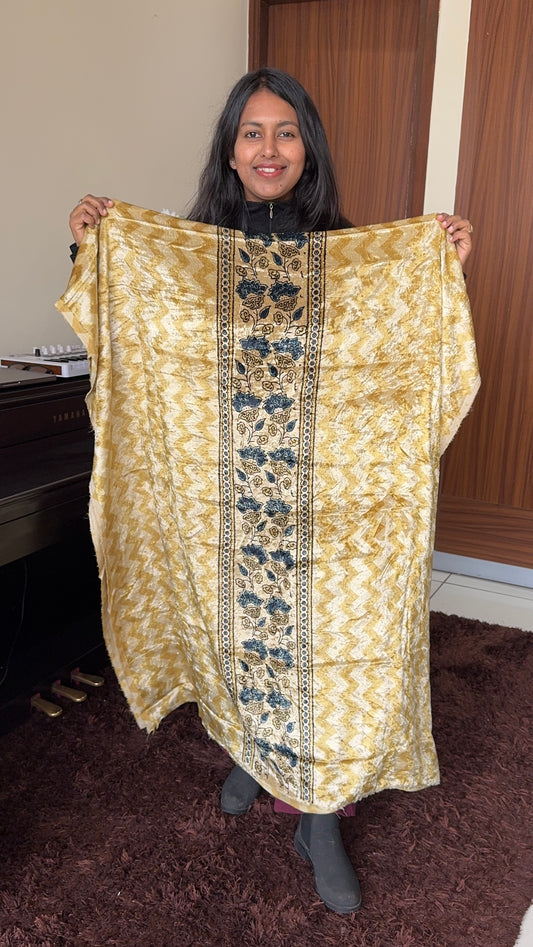 Yellow Dhari Buta Velvet Fabric Ajrakh Hand Block Print Designer Unstitched Fabric (Kurta Only)