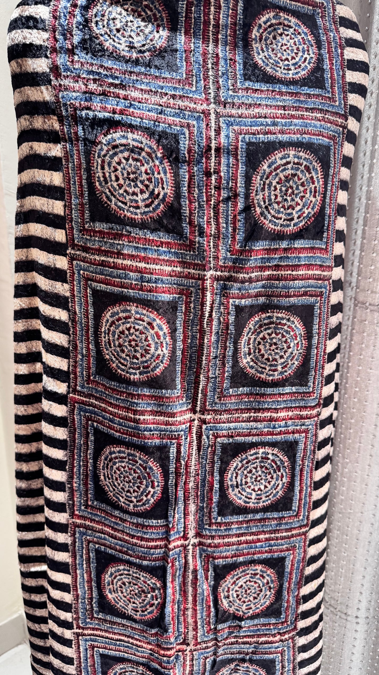 Black Stripes Buta Velvet Fabric Ajrakh Hand Block Print Designer Unstitched Fabric (Kurta Only)