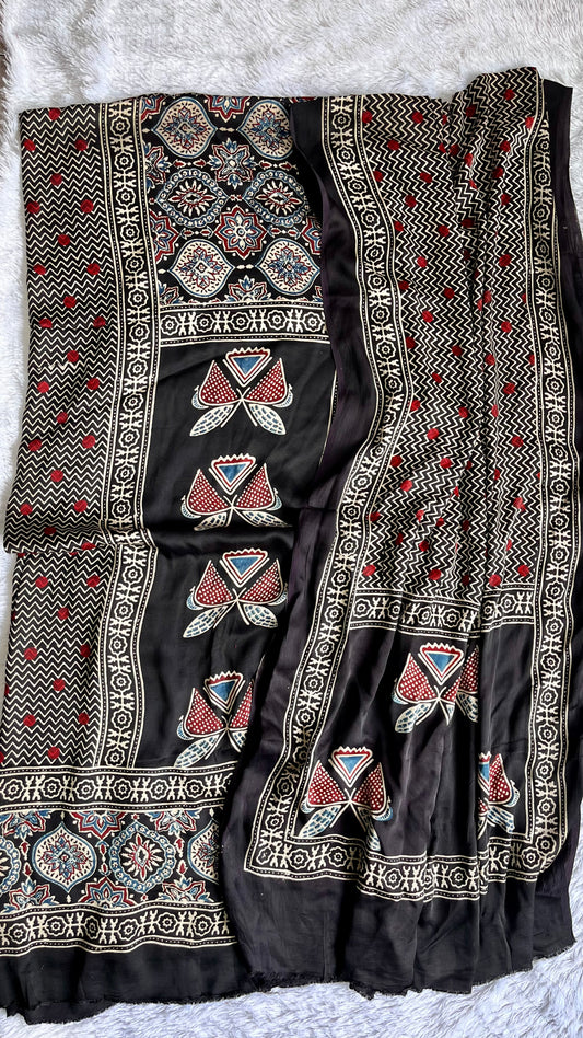 Black Butterfly and Badaam Buta Motif Modal Silk Suit Material with Ajrakh Modal Dupatta