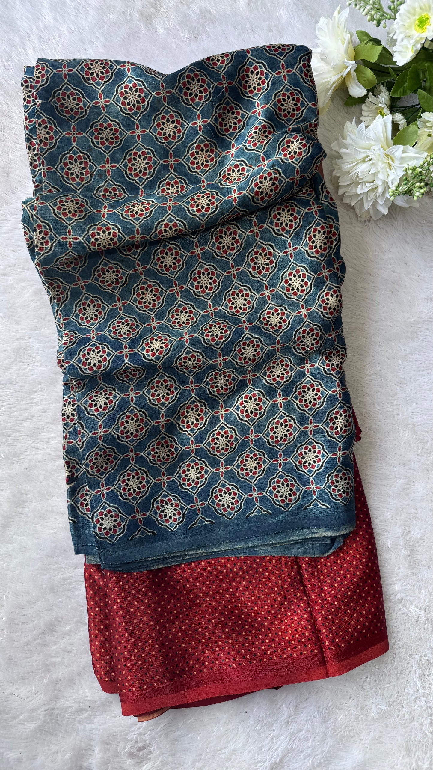 Blue and Maroon Jaal Motif and Asopallav Ajrakh Mashru Silk Kurta Pant Fabric