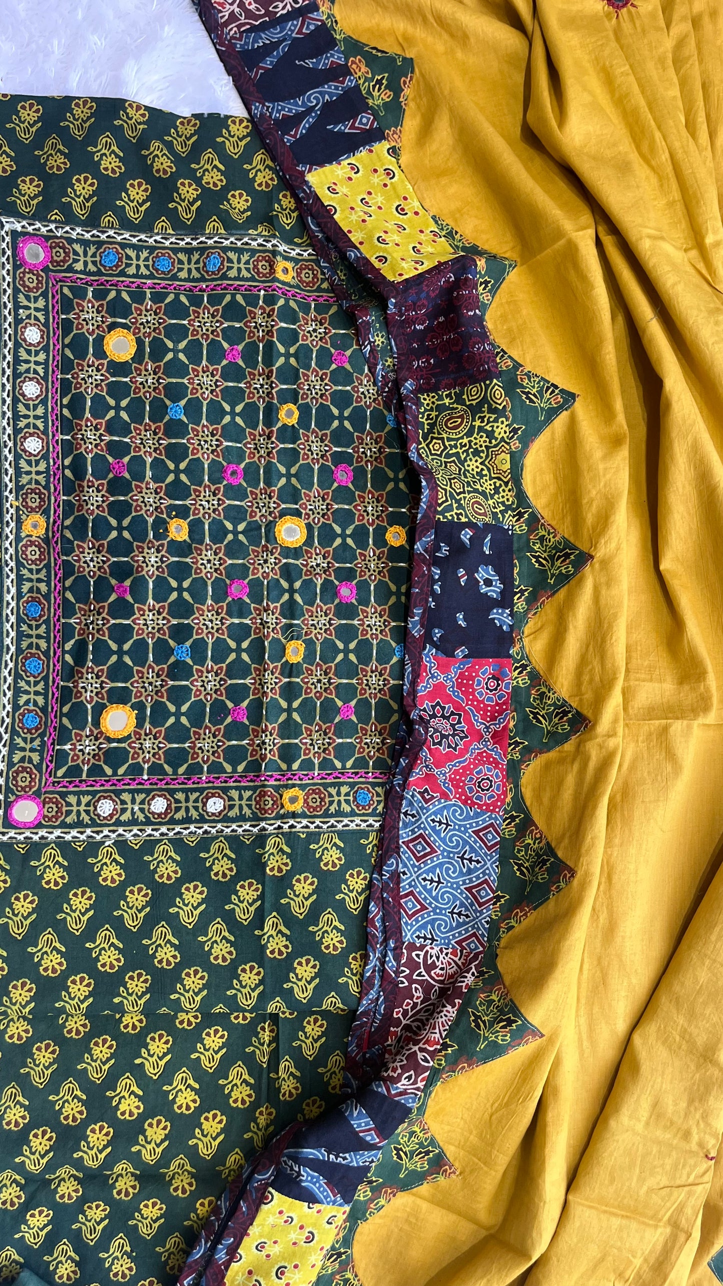 Green and Yellow Ajrakh Suit Set with Kutch embroidery and Multicolour Ajrakh Applique Cotton Dupatta