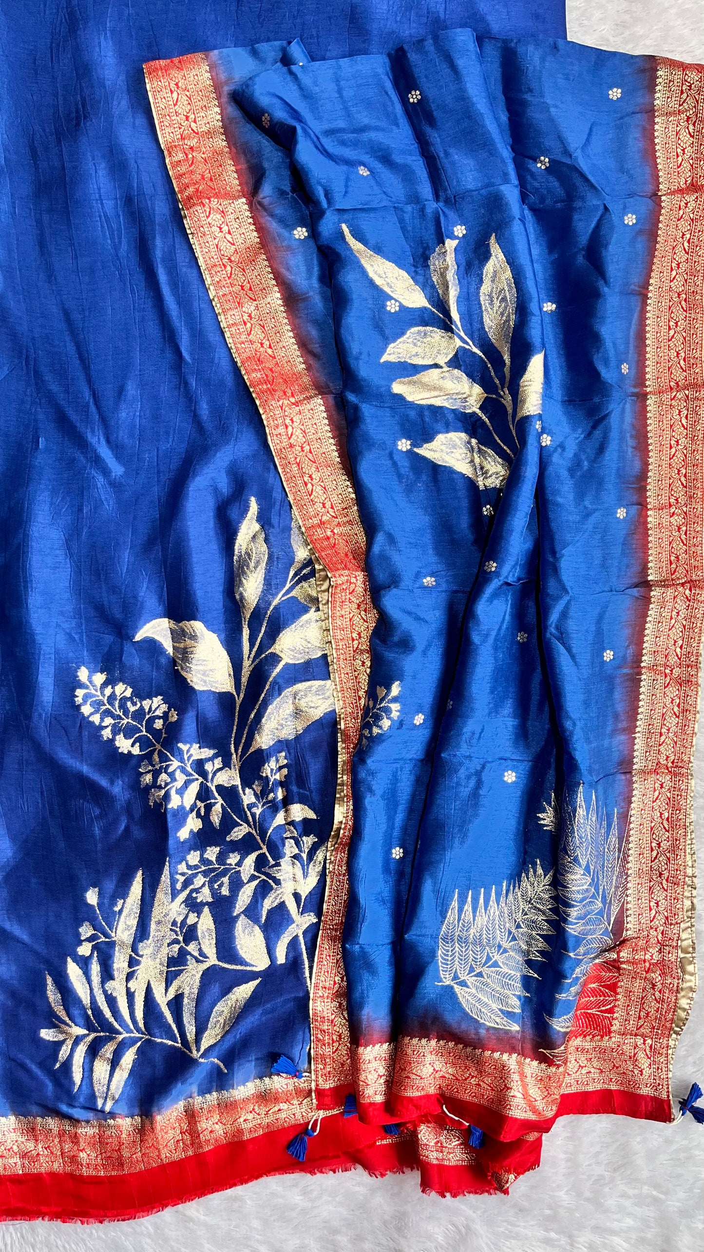 Etheral Blue Dola Silk Hand Brush Print 2pc Suit Material Set with Zari Pallu and Full Finish with Tassels