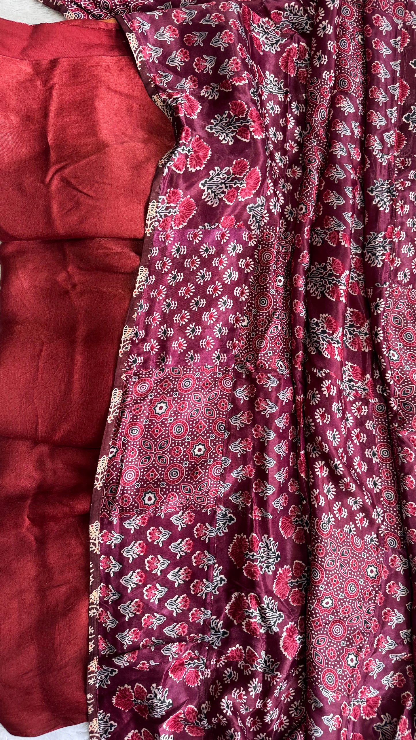 Ravishing Maroon Buta Motif Solid Modal Silk Suit with Ajrakh Applique Modal Silk Dupatta