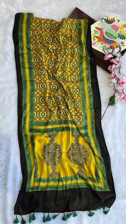 Green and Yellow Circle Motif Ajrakh Hand Block Print Modal Silk Stole with Tassels