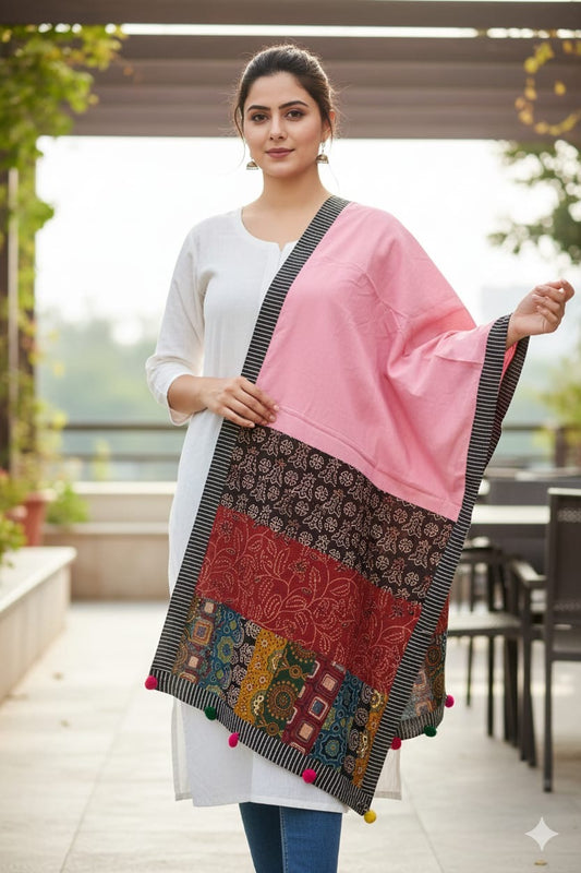 Pink Ajrakh Patchwork Cotton Stole