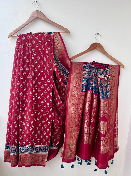 Red Small Flower Buta Motif Ajrakh Hand Block Dola Silk Saree with Zari Pallu (With Blouse)