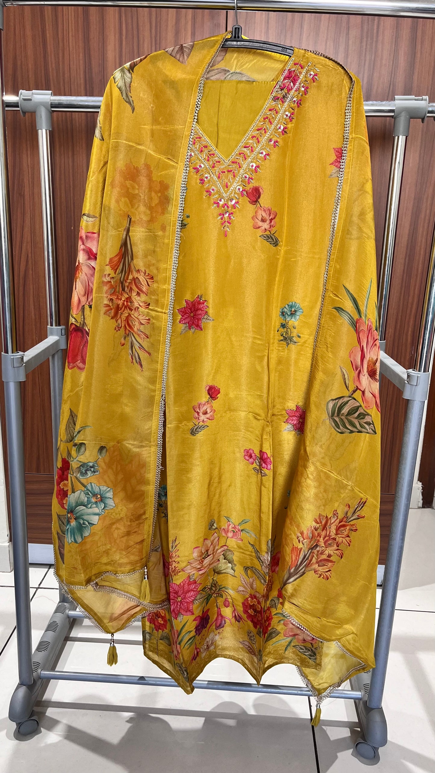 Yellow Toned Floral Motif Pure Tissue Shimmer Suit Set with Shimmer Dupatta