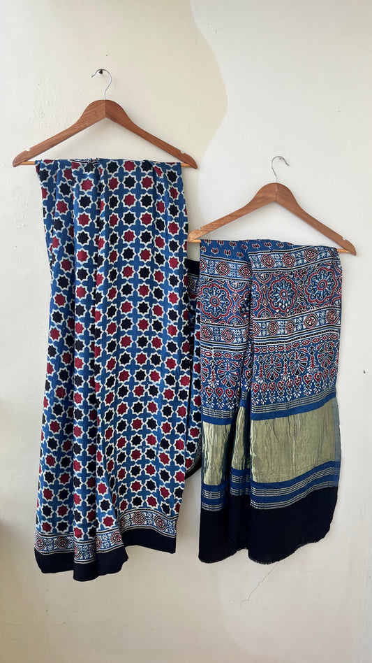 Indigo HoneyComb Ajrakh Hand Block Natural Dye Modal Silk Lagdi Patti Saree With Blouse