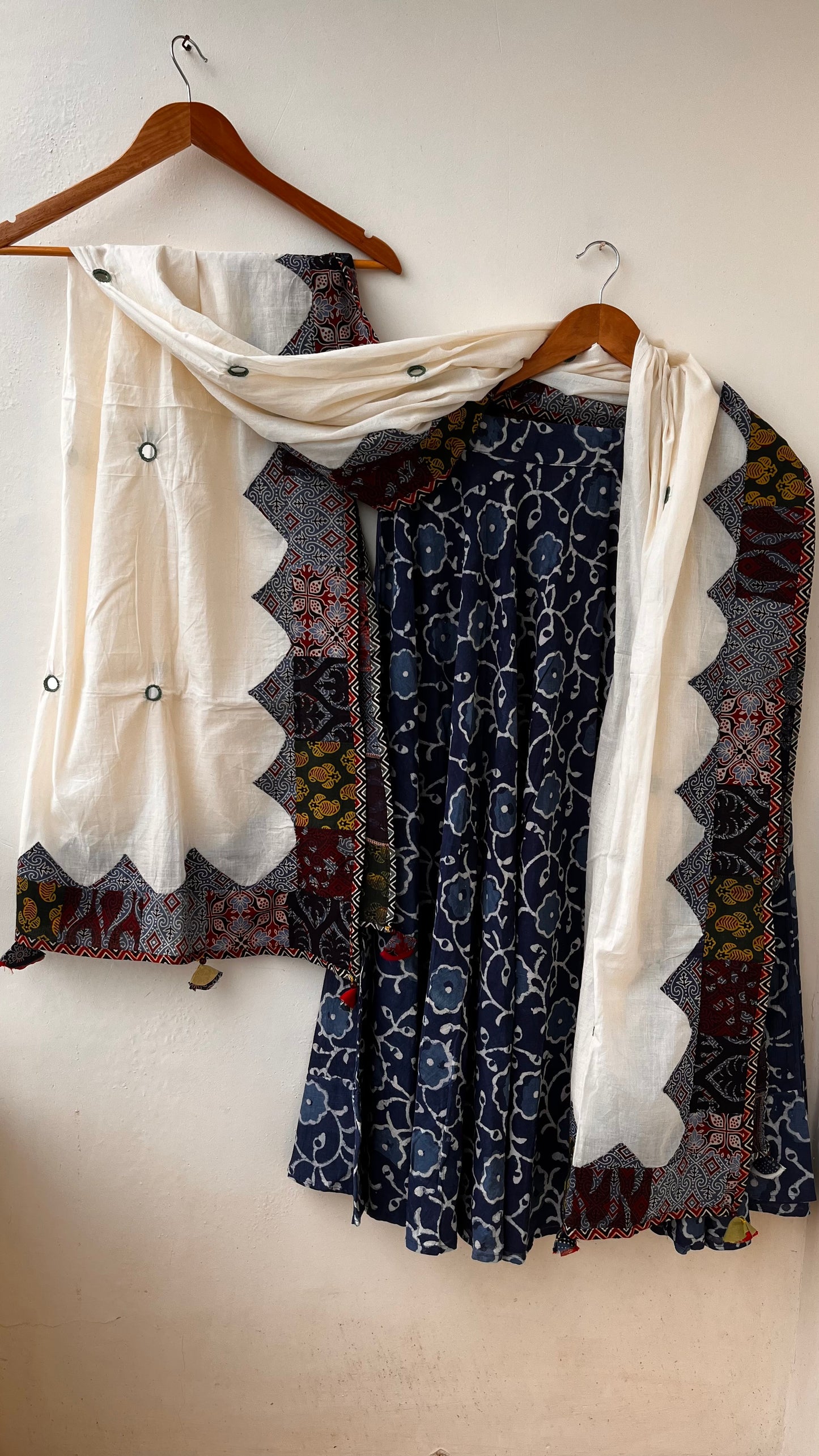 Indigo Kali Cotton Long Flared Skirt with White Multicoloured Applique Patchwork Dupatta