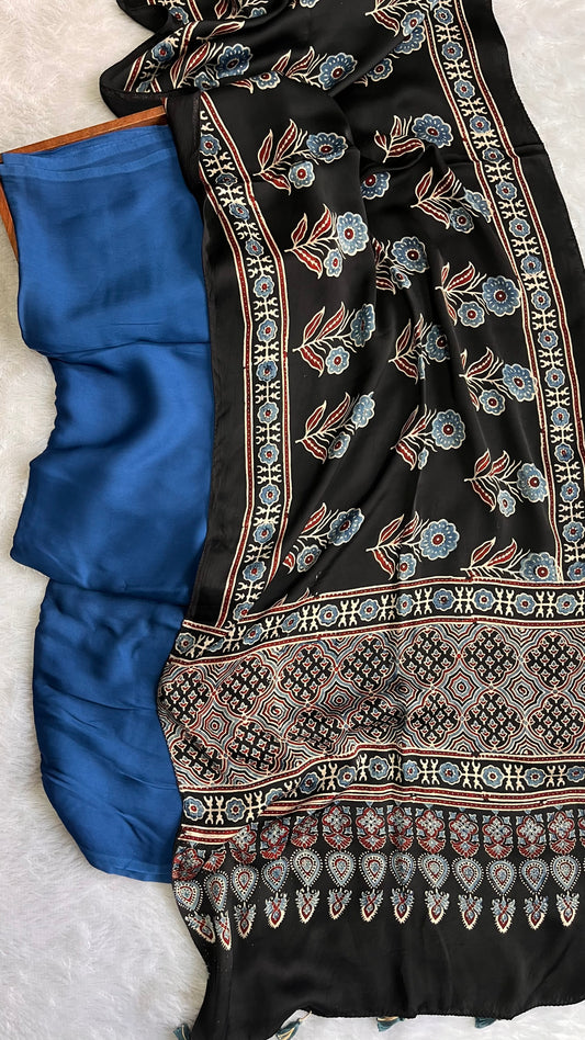 Blue Solid Shade Flower Buti Motif Modal Silk Ajrakh Hand Block 2 pc Suit Set (Top and Stole)