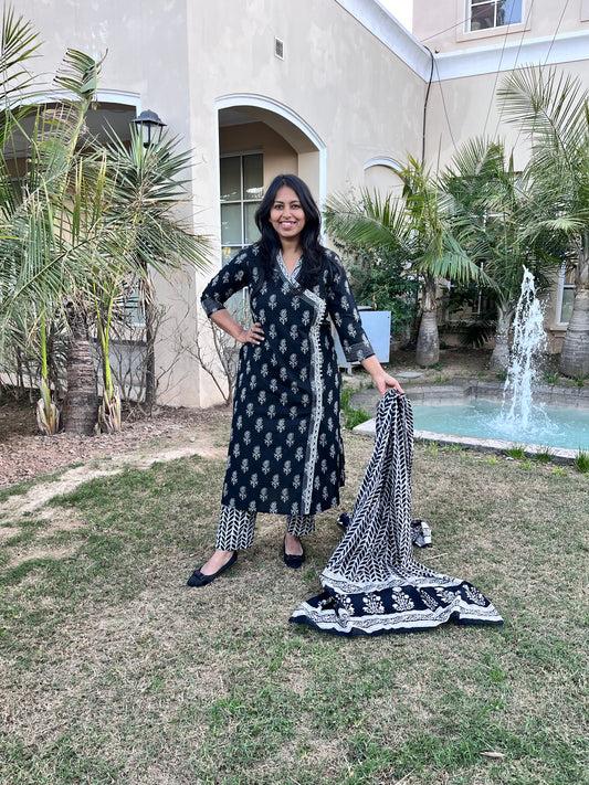 Classic Black and White Angrakha A Line Suit Set with Cotton Dupatta