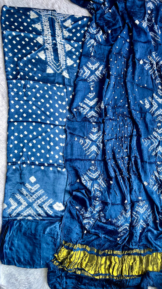 Ink Blue Bandhej Semi Modal Silk 3 pc Suit Set with Lagdi Patti Dupatta