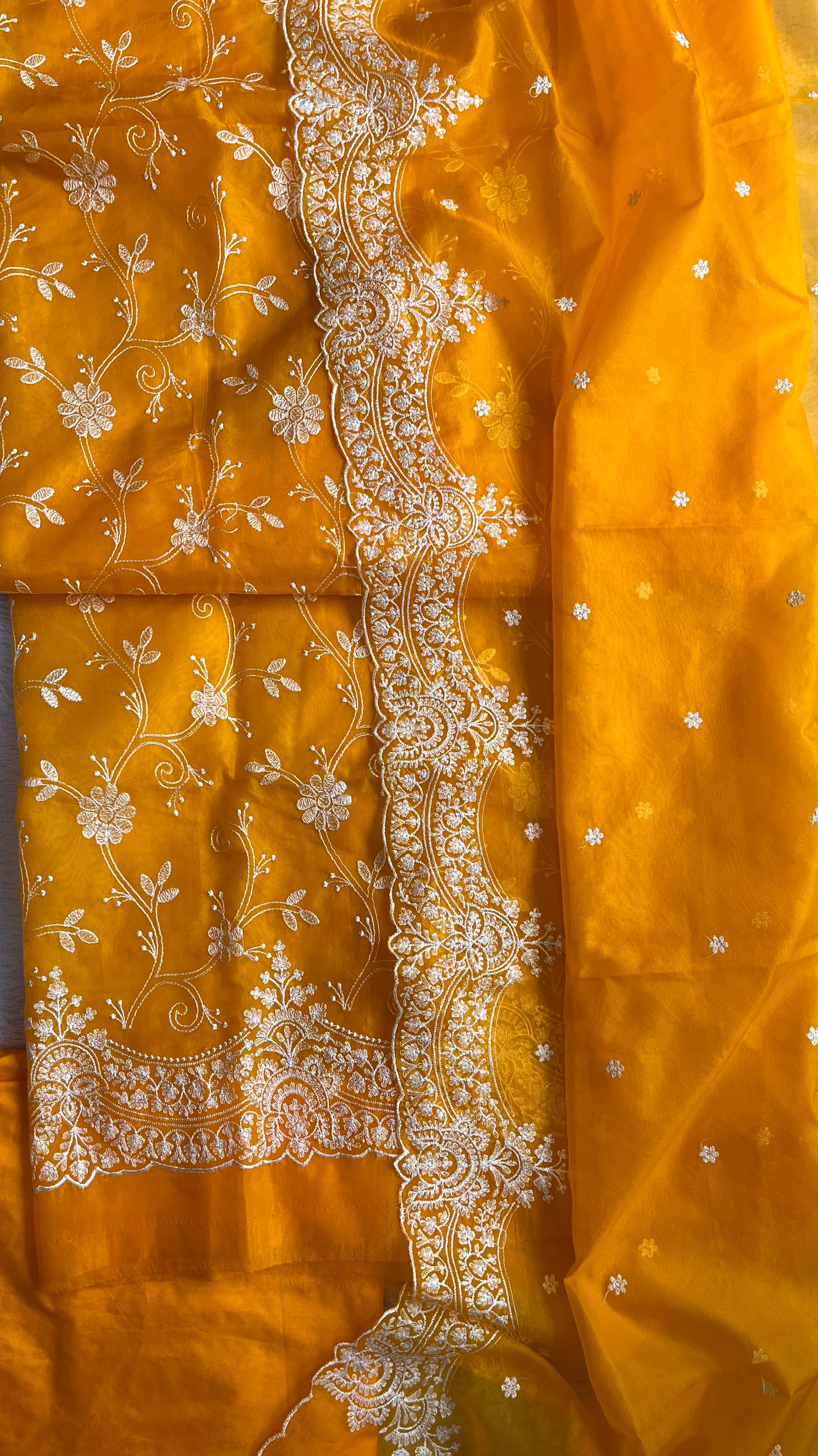 Aamras Shade Banarasi Tissue Silk 3-Piece Suit with Threadwork & Organza Dupatta