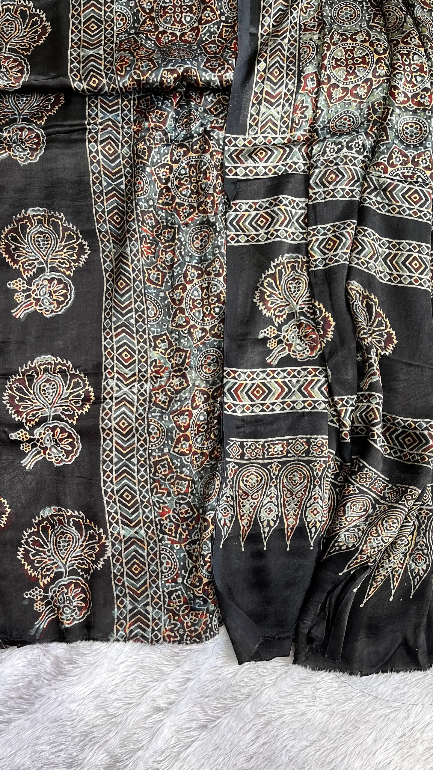 Black Big Boota Motif Modal Silk Ajrakh Natural Dyed Hand Block Print 2pc Suit Material Set