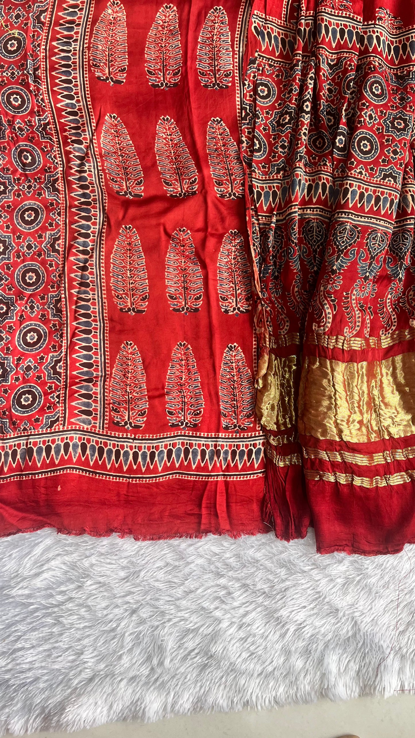 Red Asopallav Buta Print Modal Silk Ajrakh Natural Dyed Hand Block Suit Set with Lagdi Patti Dupatta