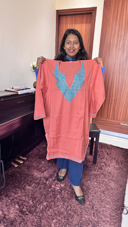 Peach and Blue Hand Embroidered Pure Marino Wool Kashmiri Pheran with Pockets and Hand Embroidered Sleeves (Size 54”)