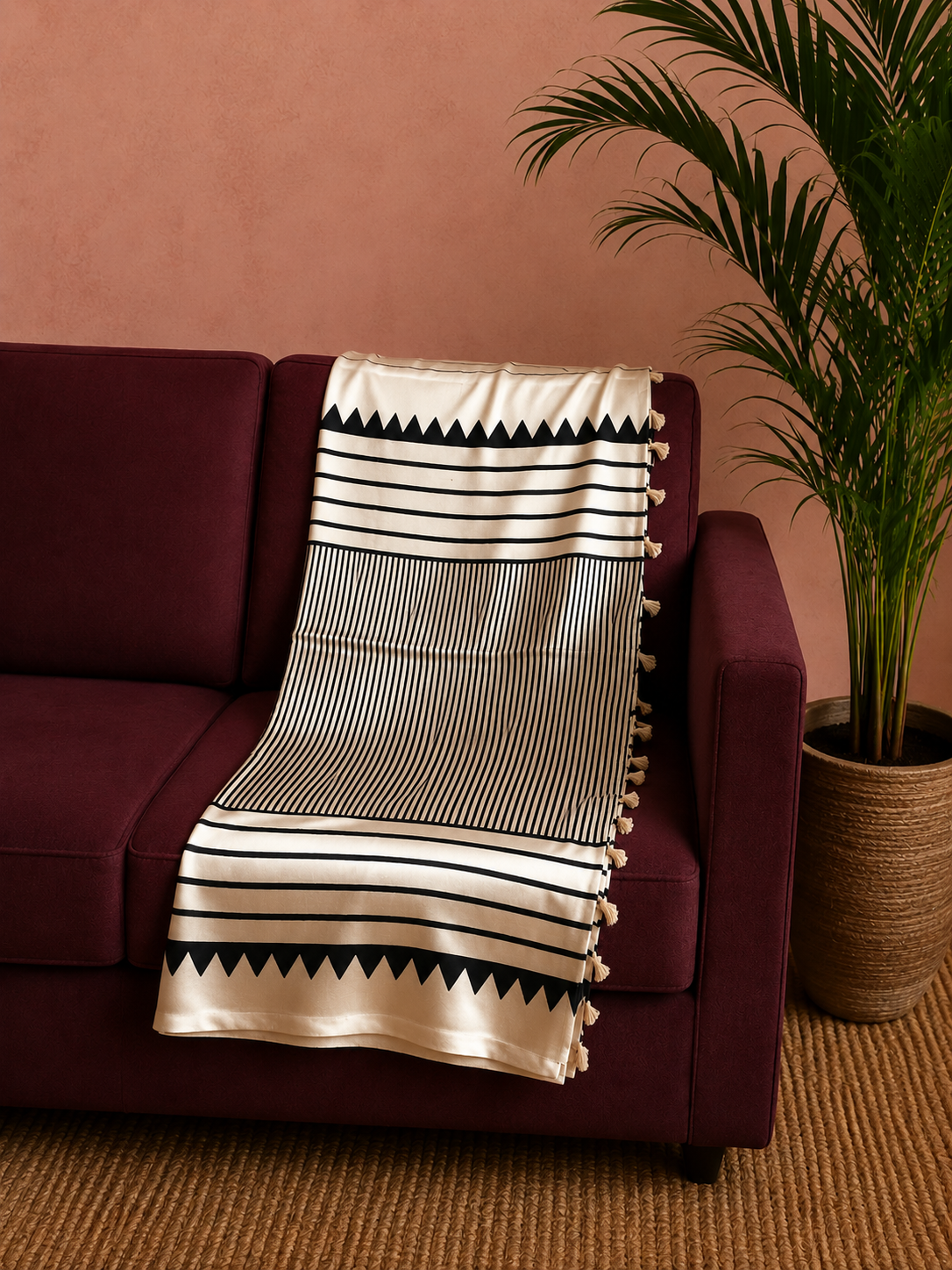 Black and White Lines Ajrakh Hand Block Natural Dye Modal Silk Saree With Blouse