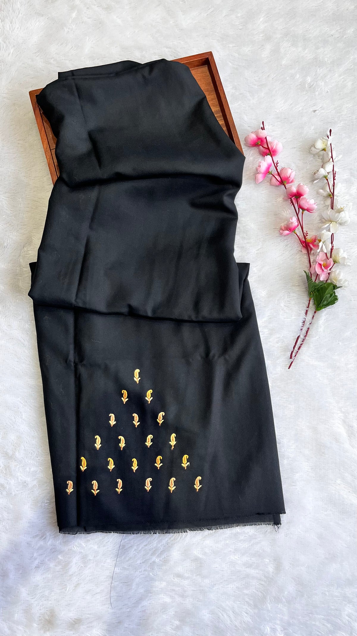 Black with Yellow Small Booti Thread work Pure Cotton Kashmiri Aari Em ...