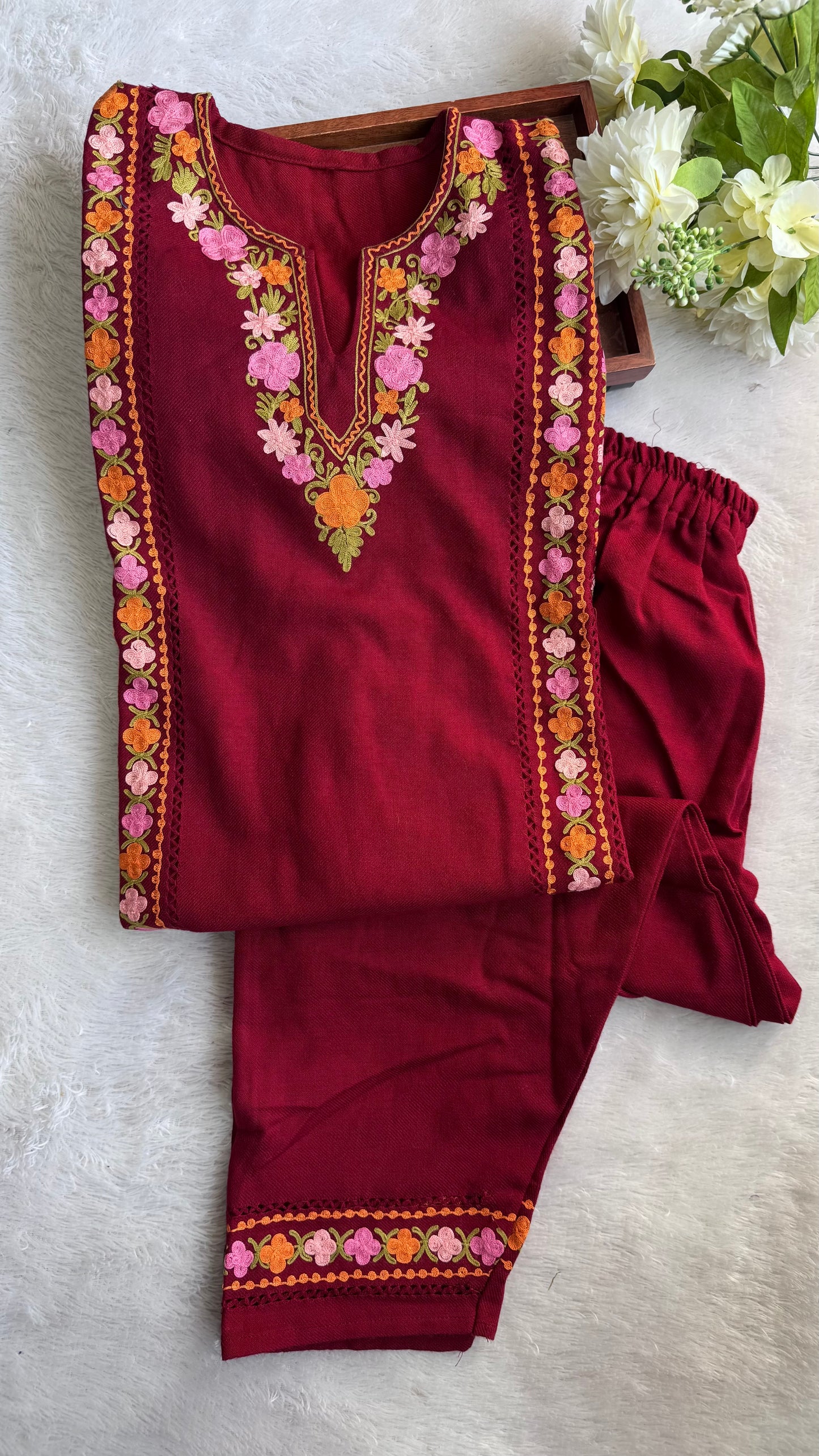 Maroon with Multicoloured Floral Kashmiri Aari Hand Embroidered Woollen Pheran Set with Pockets and Pants