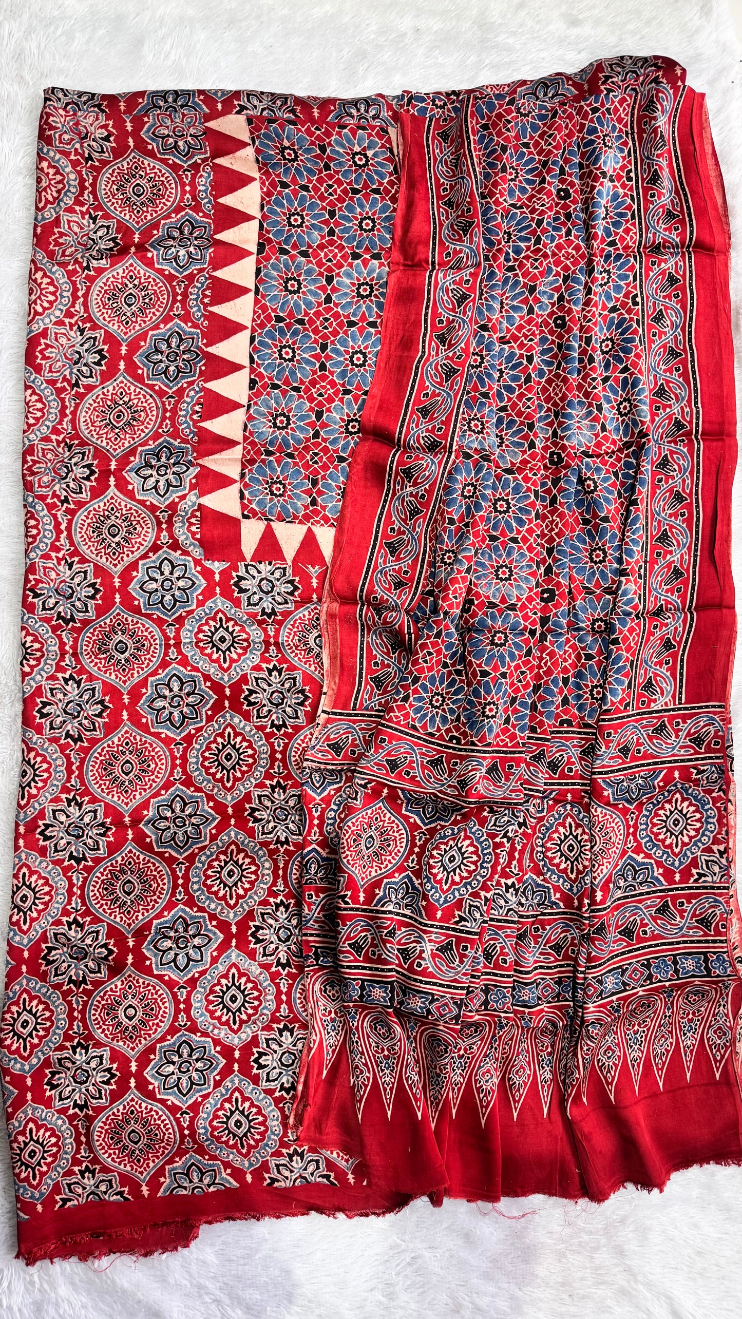 Red Classic Badaam Buta Modal Silk Hand Block Print 2pc Suit Material with Modal Silk Dupatta