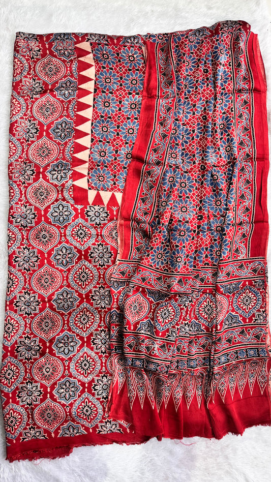 Red Classic Badaam Buta Modal Silk Hand Block Print 2pc Suit Material with Modal Silk Dupatta