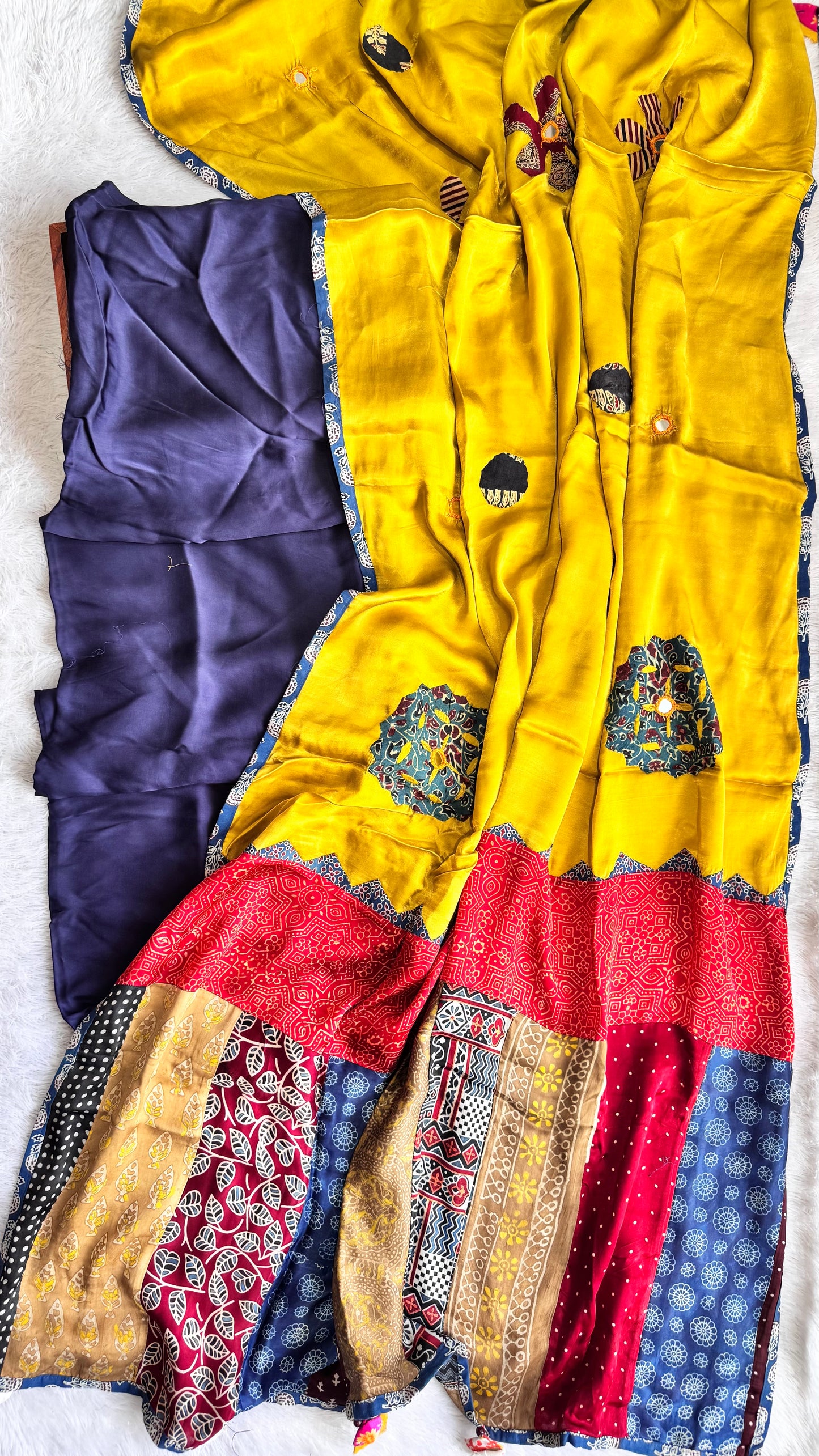 Navy Blue Solid Shade Modal Silk Suit Material with Mustard Modal Silk Applique Work Dupatta