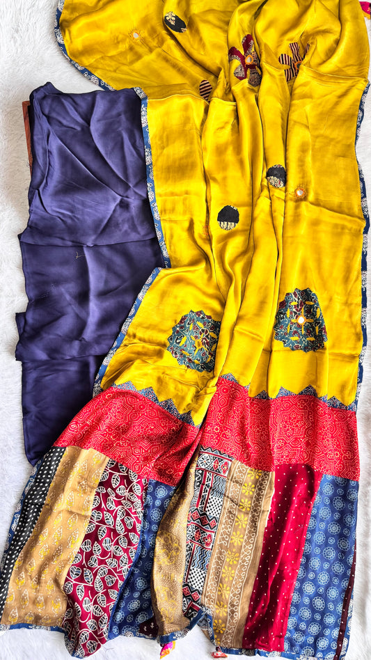 Navy Blue Solid Shade Modal Silk Suit Material with Mustard Modal Silk Applique Work Dupatta