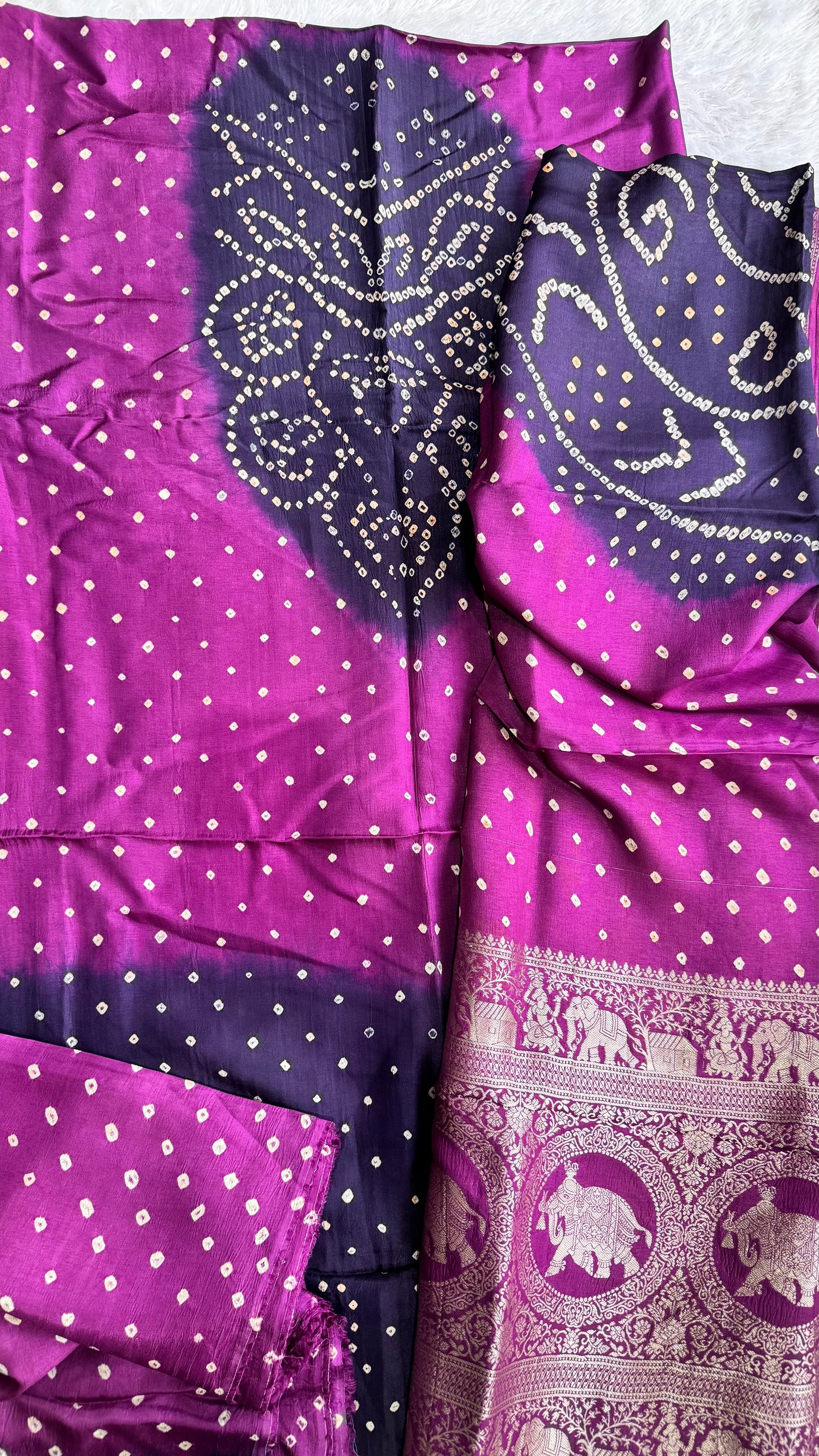Dark Blue and Purple Bandhej Pure Dola Silk Ajrakh Hand Block Print 3 pc Suit Material Set with Menakari Yoke and Nakkashi Dupatta and Bottom